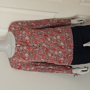 Lucky Brand Burgundy Floral Peasant Blouse with Loose Elastic Hem Size Medium